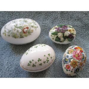 Four egg boxes, 3 china, wood India, Royal Doulton Global Art Lady Jane England